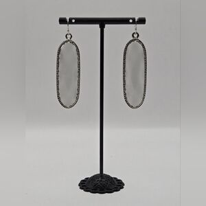 Silver White Stone Dangle Earrings | Long Oval Drop Earrings | Boho Chic Minimal